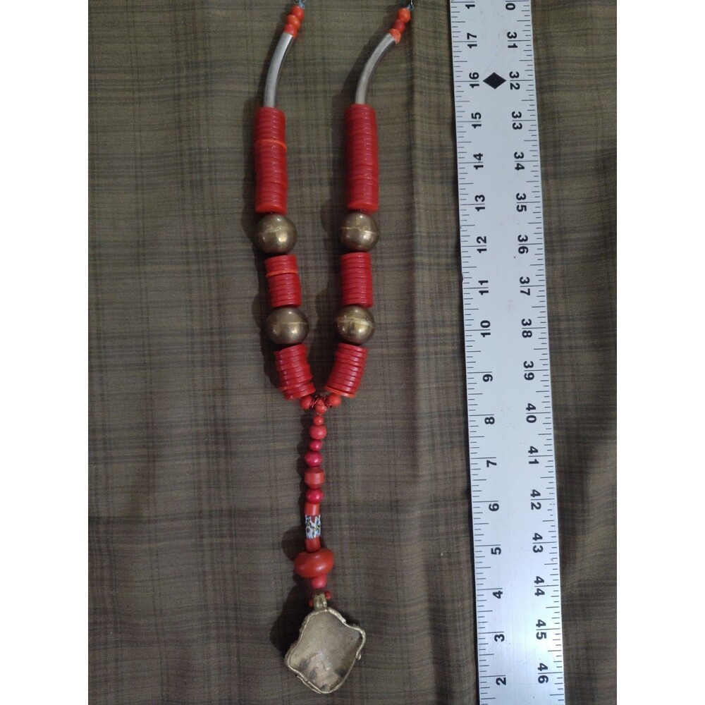 Vintage Tribal Ethnic Style Red Bakelite Button Bead Necklace with African Mask